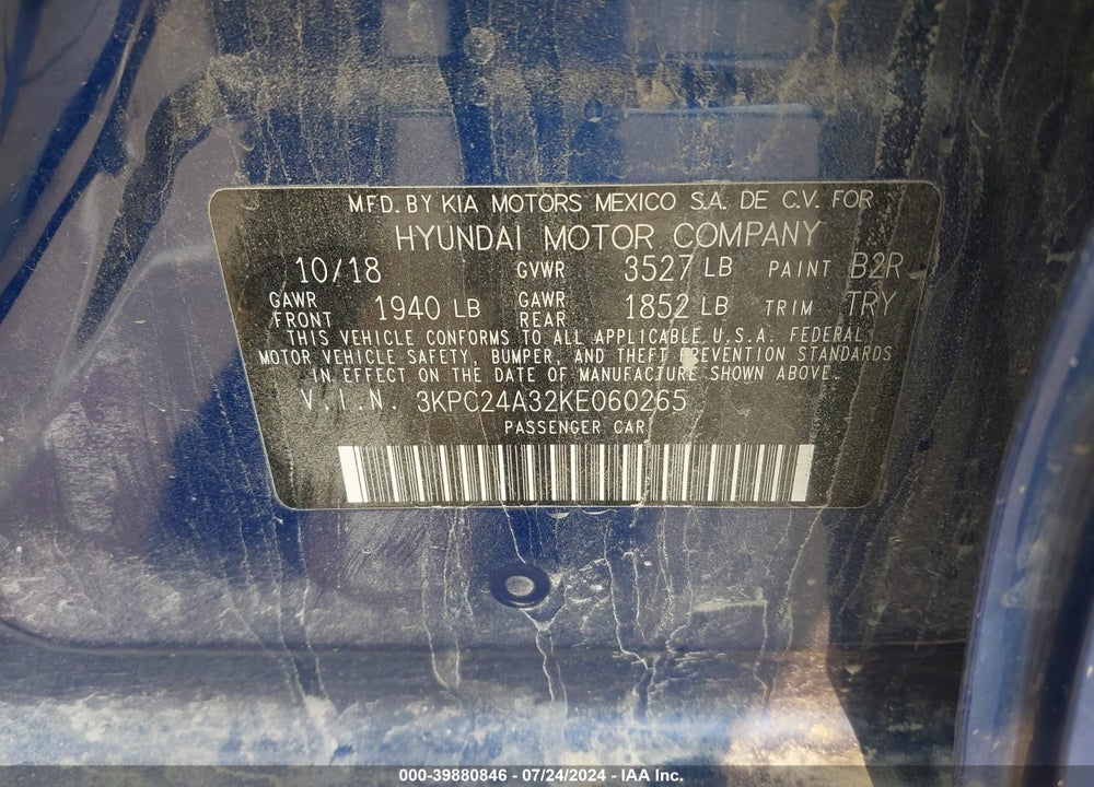 2019 HYUNDAI ACCENT SE VIN: 3KPC24A32KE060265