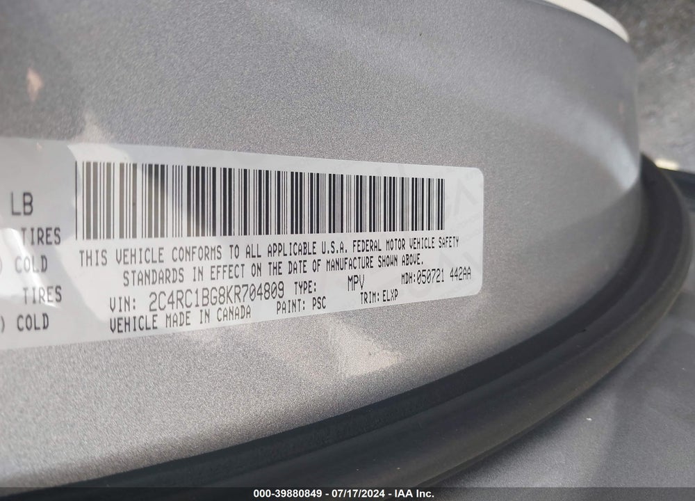 2019 CHRYSLER PACIFICA TOURING L VIN: 2C4RC1BG8KR704809
