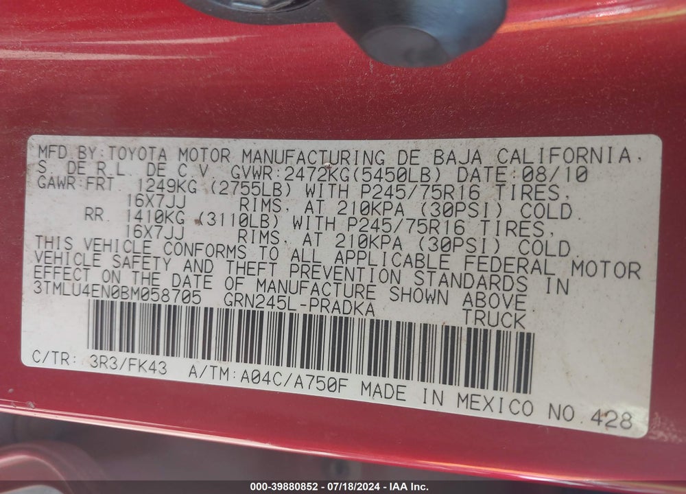 2011 TOYOTA TACOMA BASE V6 VIN: 3TMLU4EN0BM058705