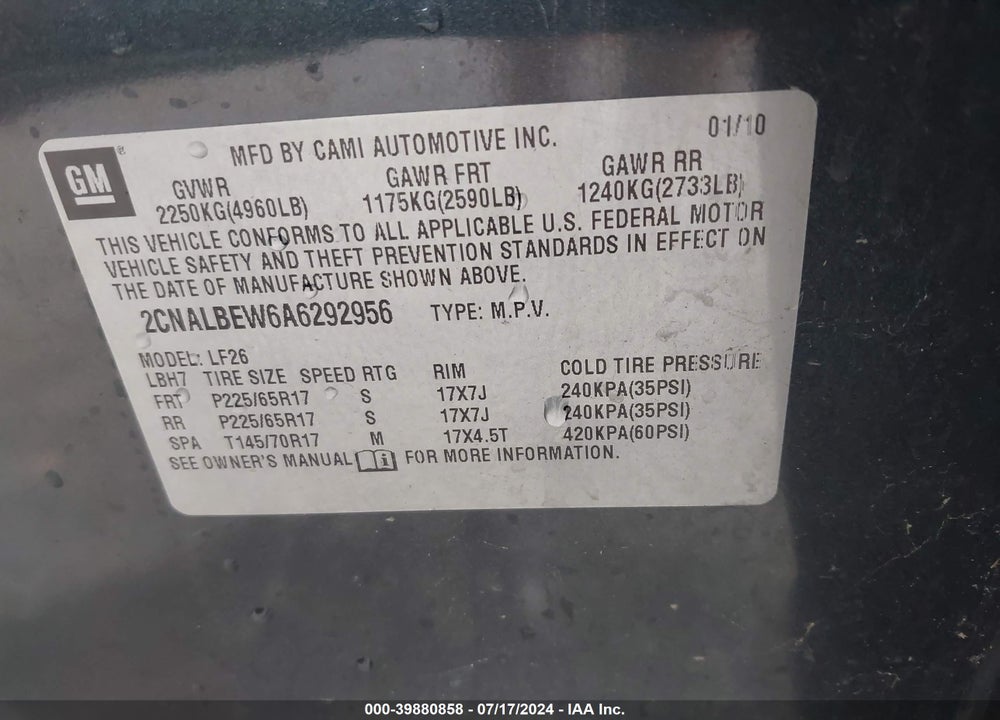 2010 CHEVROLET EQUINOX LS VIN: 2CNALBEW6A6292956