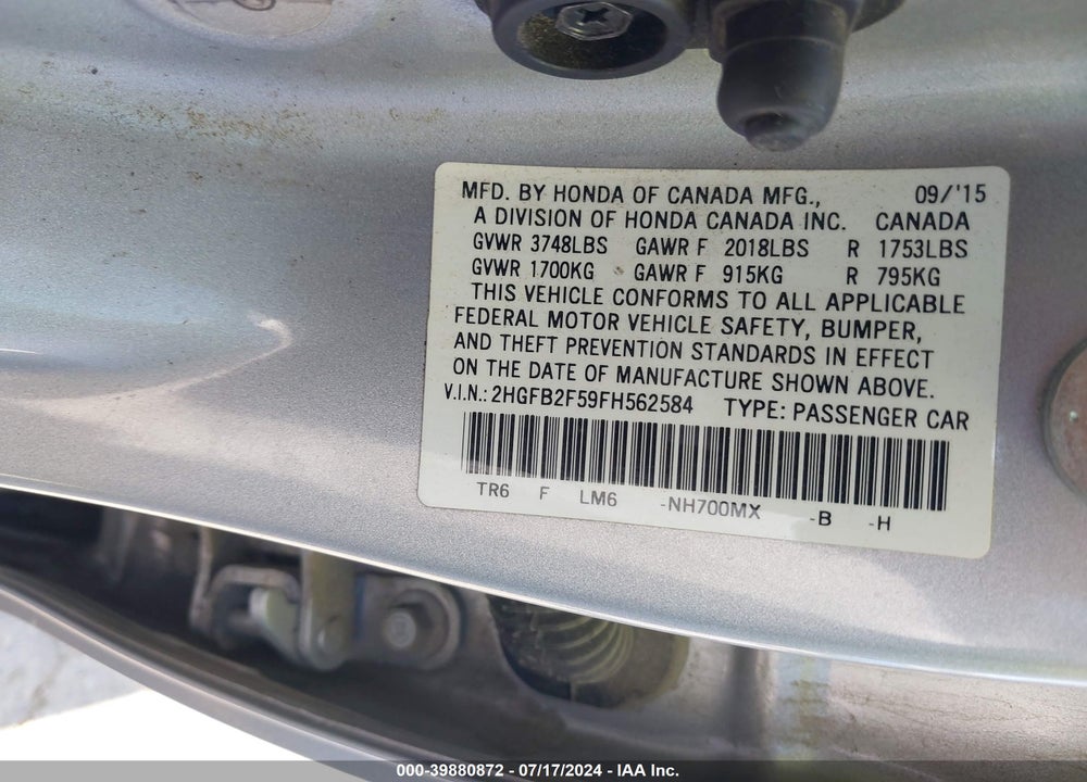 2015 HONDA CIVIC LX VIN: 2HGFB2F59FH562584