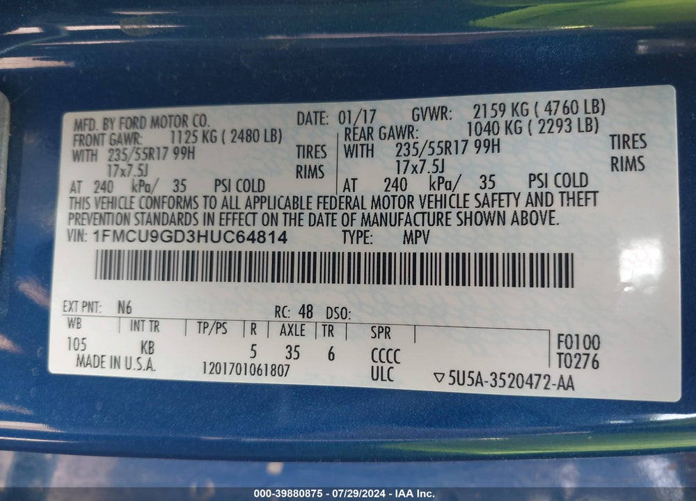 2017 FORD ESCAPE SE VIN: 1FMCU9GD3HUC64814