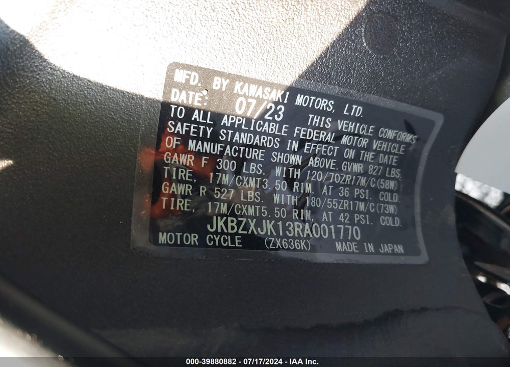 2024 KAWASAKI ZX636 K VIN: JKBZXJK13RA001770