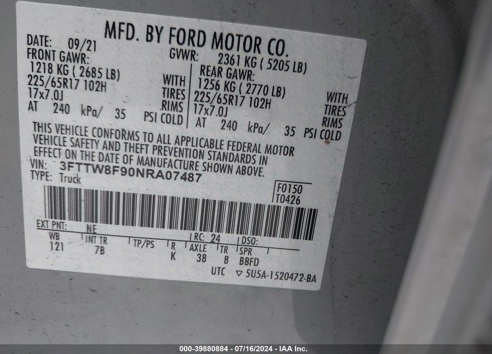 2022 FORD MAVERICK XLT VIN: 3FTTW8F90NRA07487
