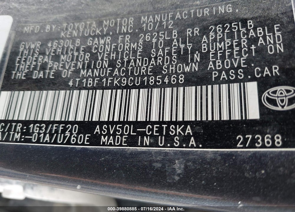 2012 TOYOTA CAMRY SE VIN: 4T1BF1FK9CU185468