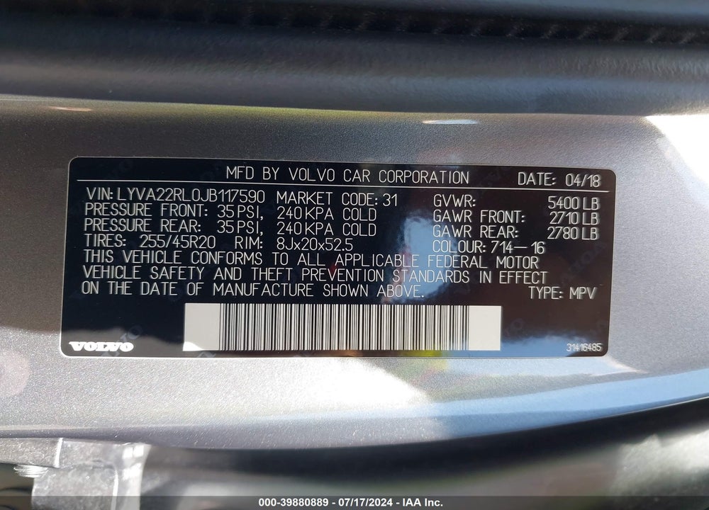 2018 VOLVO XC60 T6 INSCRIPTION VIN: LYVA22RL0JB117590