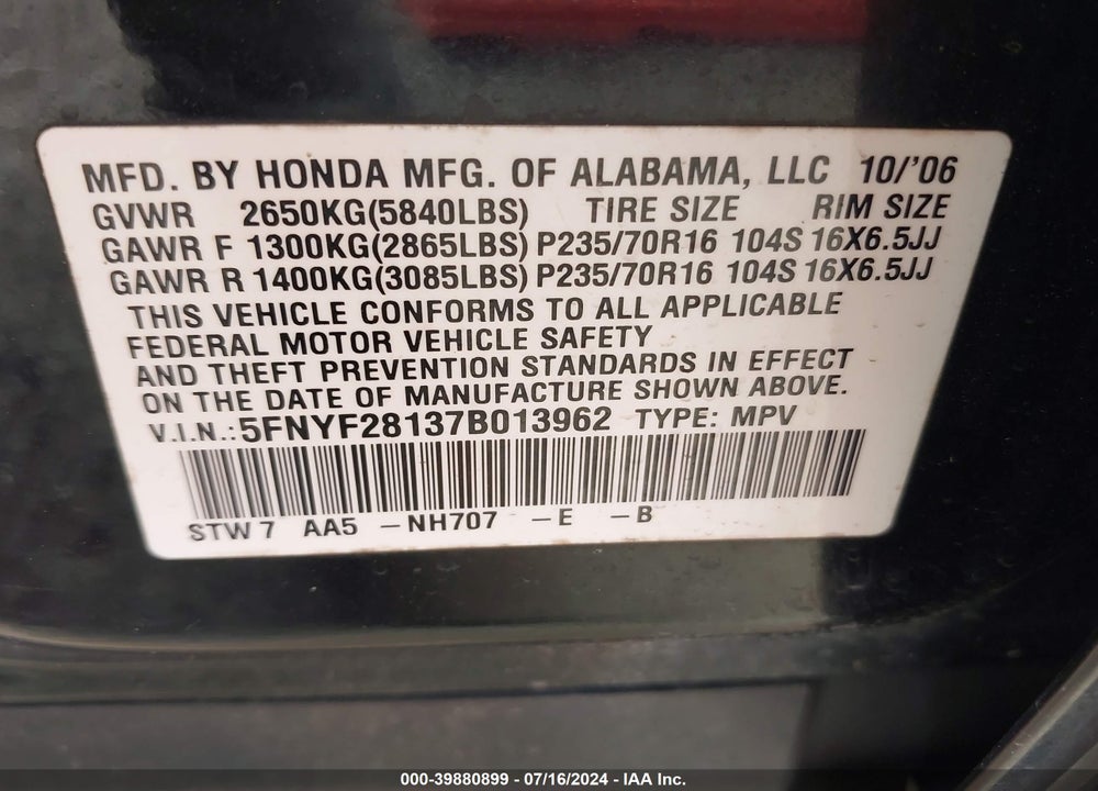 2007 HONDA PILOT LX VIN: 5FNYF28137B013962