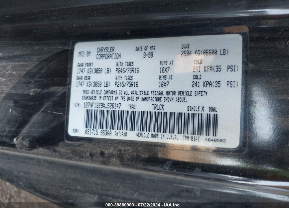 1999 DODGE RAM 1500 ST VIN: 1B7HF13Z9XJ526147