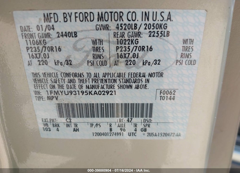 2005 FORD ESCAPE XLT VIN: 1FMYU93195KA02921