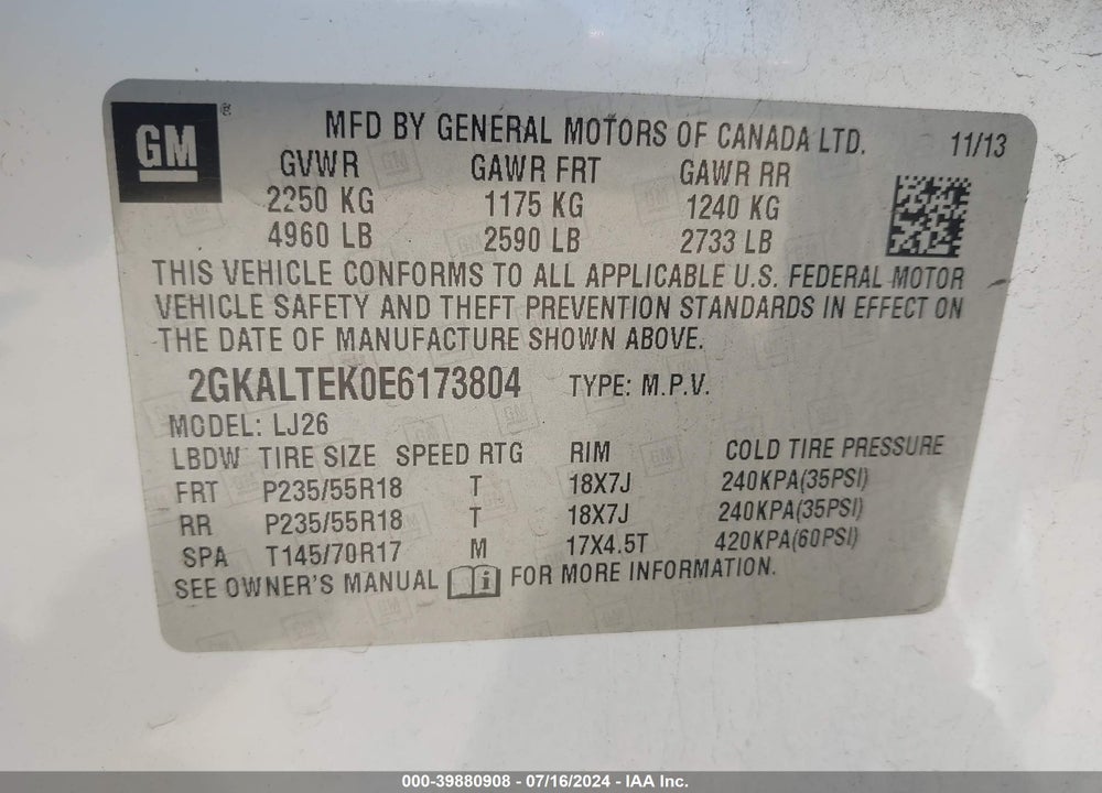 2014 GMC TERRAIN SLT-2 VIN: 2GKALTEK0E6173804