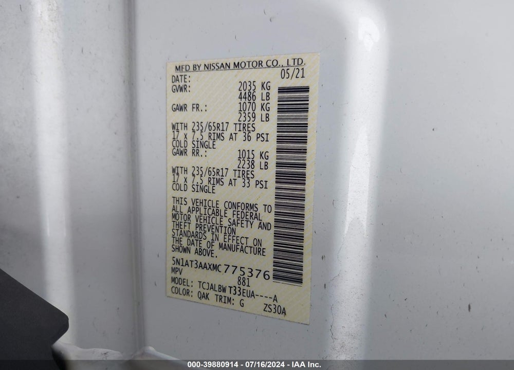 2021 NISSAN ROGUE S FWD VIN: 5N1AT3AAXMC775376
