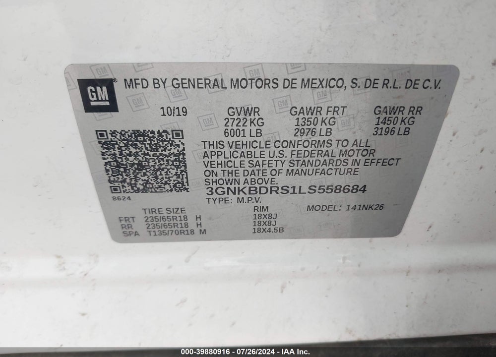 2020 CHEVROLET BLAZER FWD 3LT VIN: 3GNKBDRS1LS558684