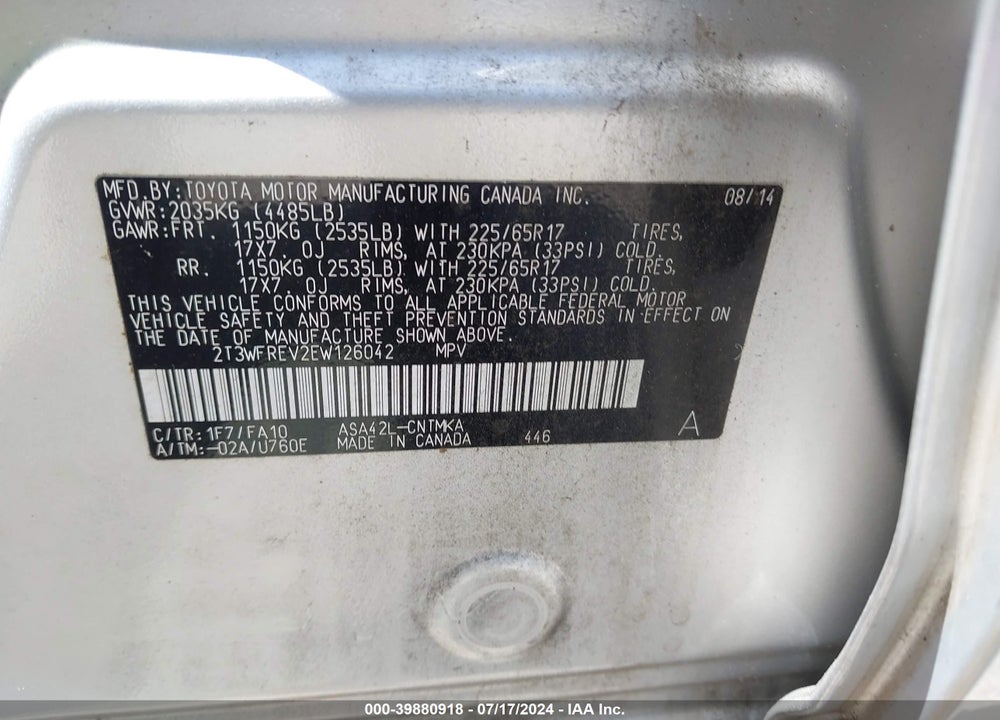 2014 TOYOTA RAV4 XLE VIN: 2T3WFREV2EW126042