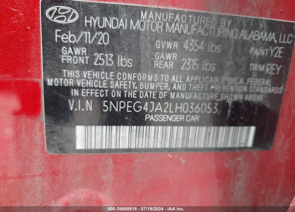 2020 HYUNDAI SONATA SE VIN: 5NPEG4JA2LH036053