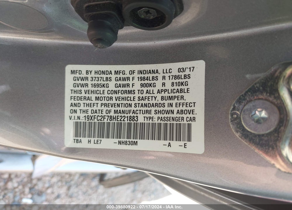 2017 HONDA CIVIC EX VIN: 19XFC2F78HE221883