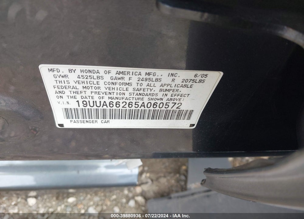 2005 ACURA TL VIN: 19UUA66265A060572
