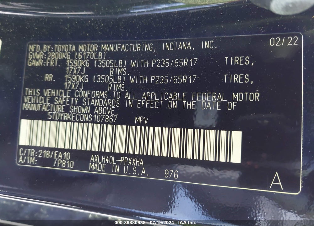 2022 TOYOTA SIENNA XLE VIN: 5TDYRKEC0NS107867