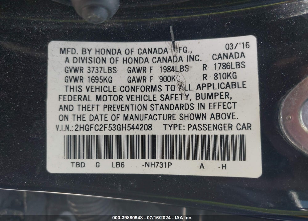 2016 HONDA CIVIC LX VIN: 2HGFC2F53GH544208