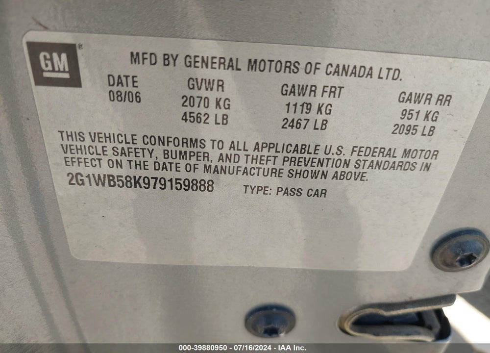 2007 CHEVROLET IMPALA LS VIN: 2G1WB58K979159888