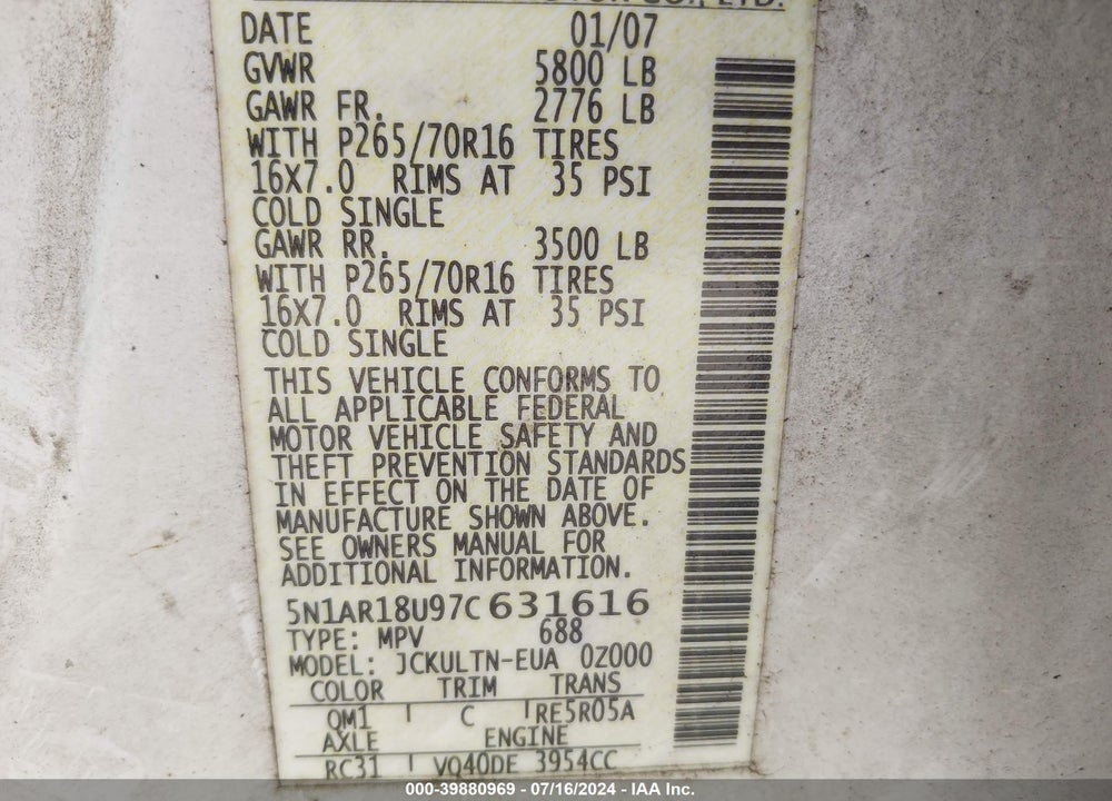 2007 NISSAN PATHFINDER SE VIN: 5N1AR18U97C631616