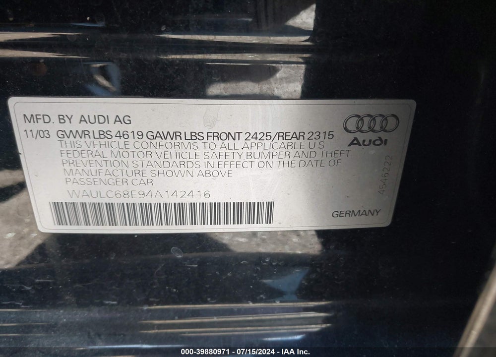 2004 AUDI A4 1.8T VIN: WAULC68E94A142416