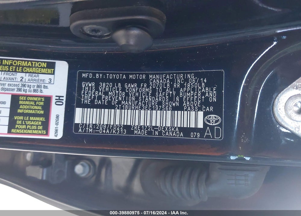 2014 TOYOTA COROLLA S PLUS VIN: 2T1BURHE3EC197566