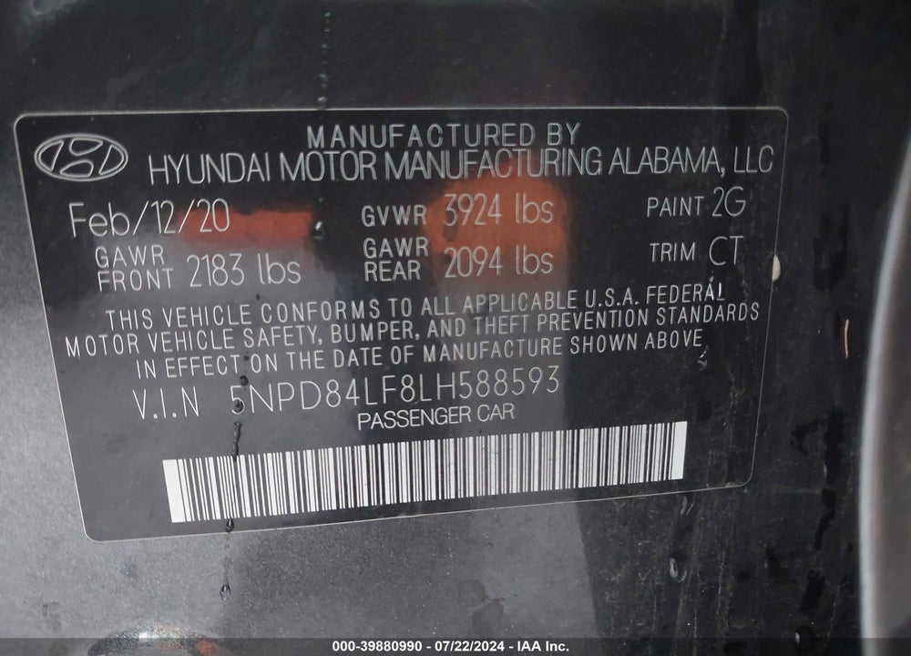 2020 HYUNDAI ELANTRA VALUE EDITION VIN: 5NPD84LF8LH588593