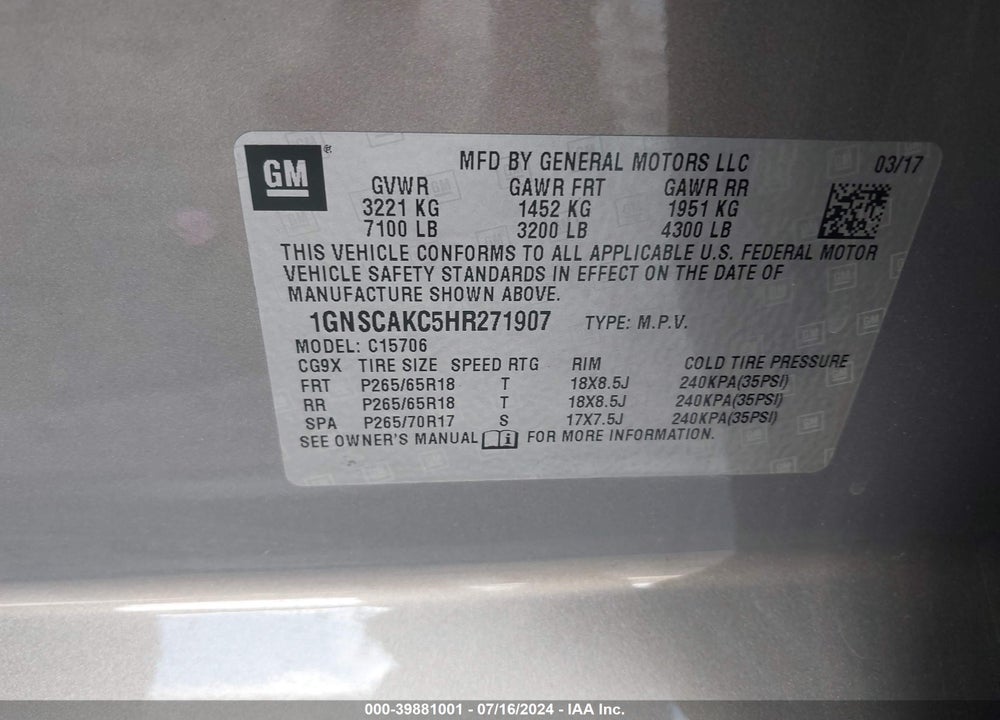 2017 CHEVROLET TAHOE VIN: 1GNSCAKC5HR271907