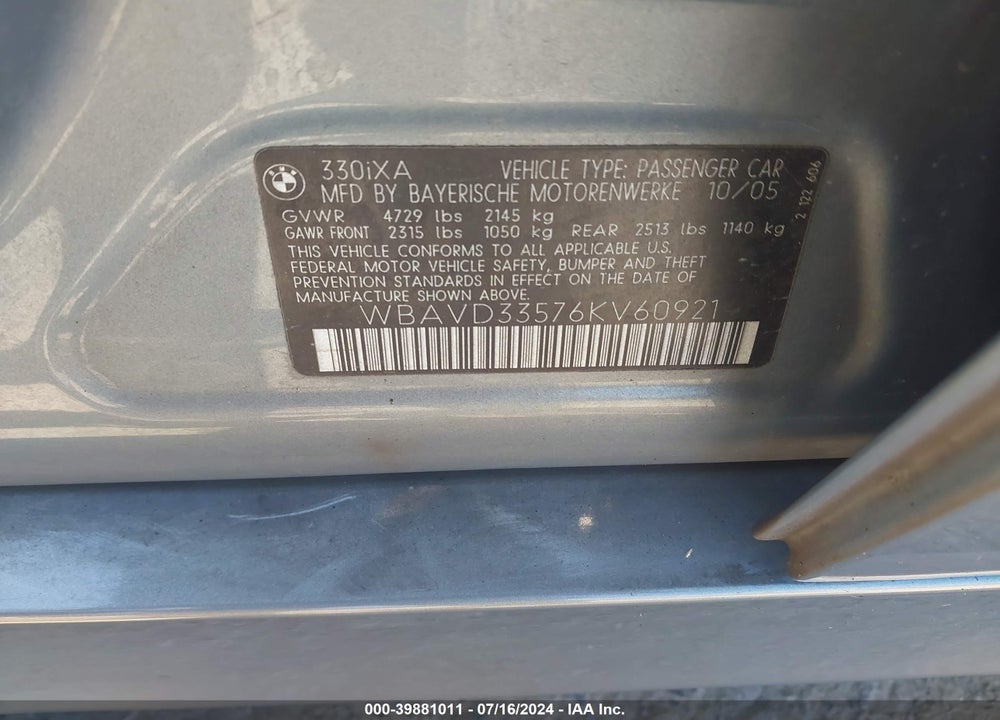 2006 BMW 330XI VIN: WBAVD33576KV60921
