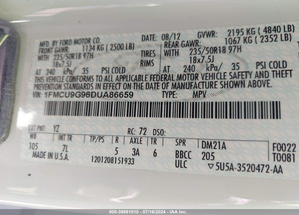 2013 FORD ESCAPE SE VIN: 1FMCU9G96DUA86659