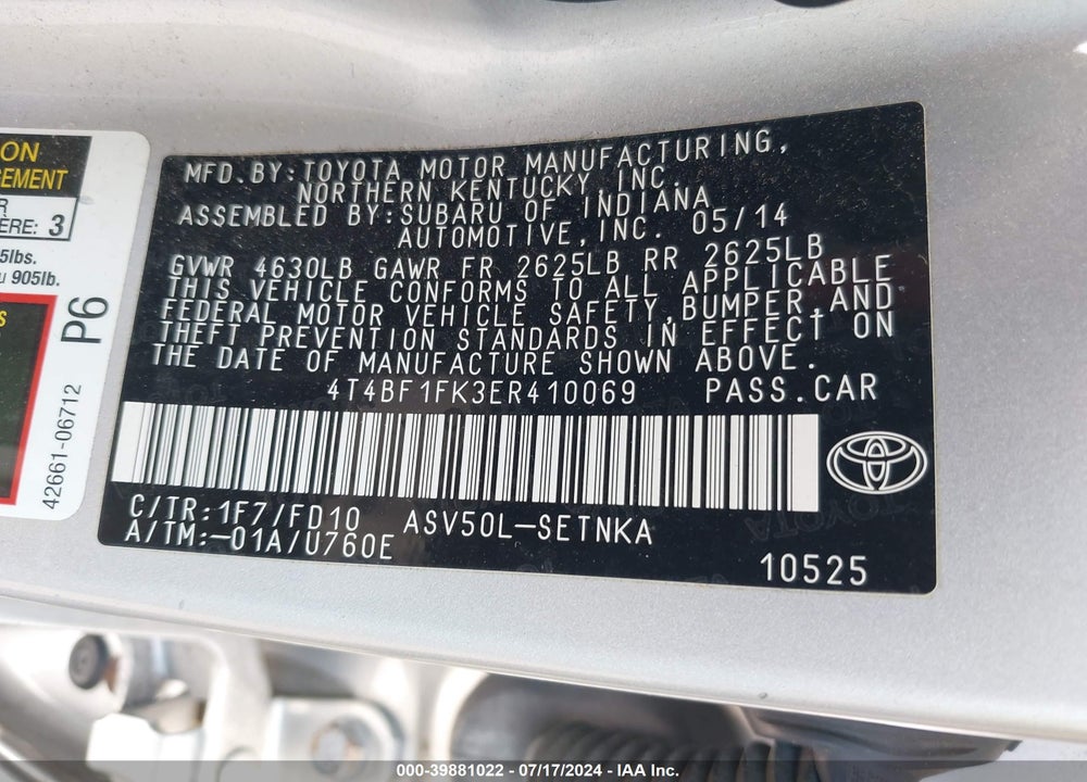 2014 TOYOTA CAMRY LE VIN: 4T4BF1FK3ER410069