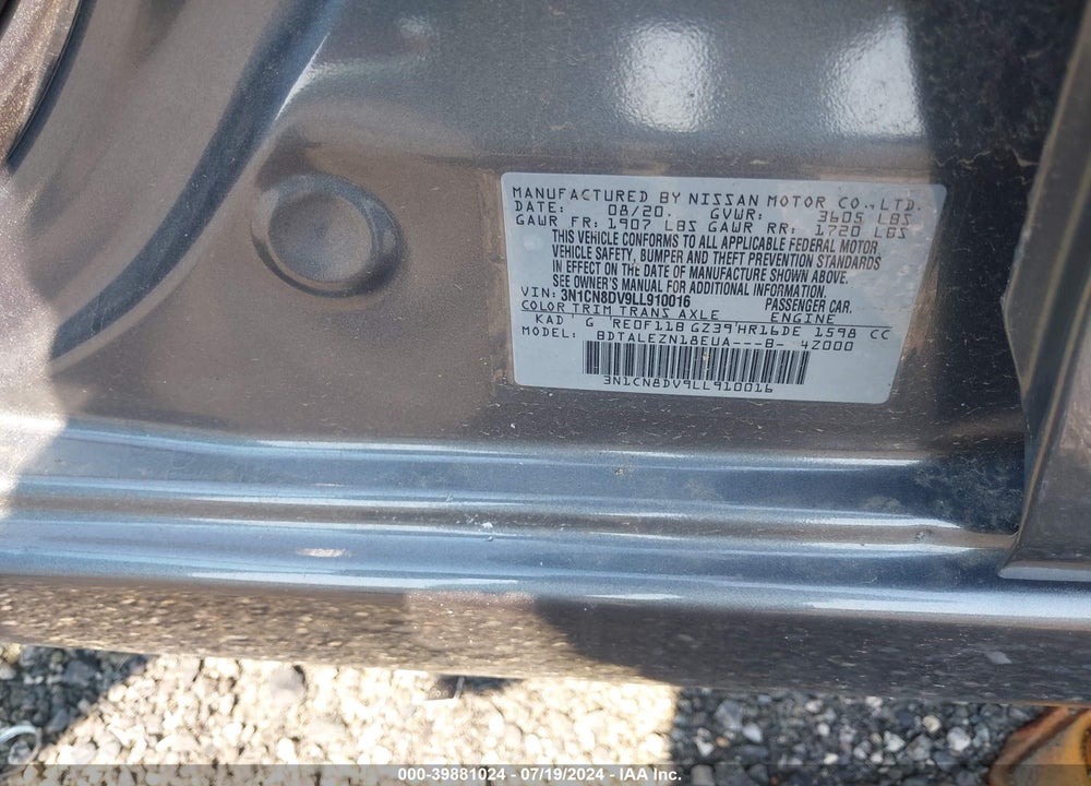2020 NISSAN VERSA S XTRONIC CVT VIN: 3N1CN8DV9LL910016