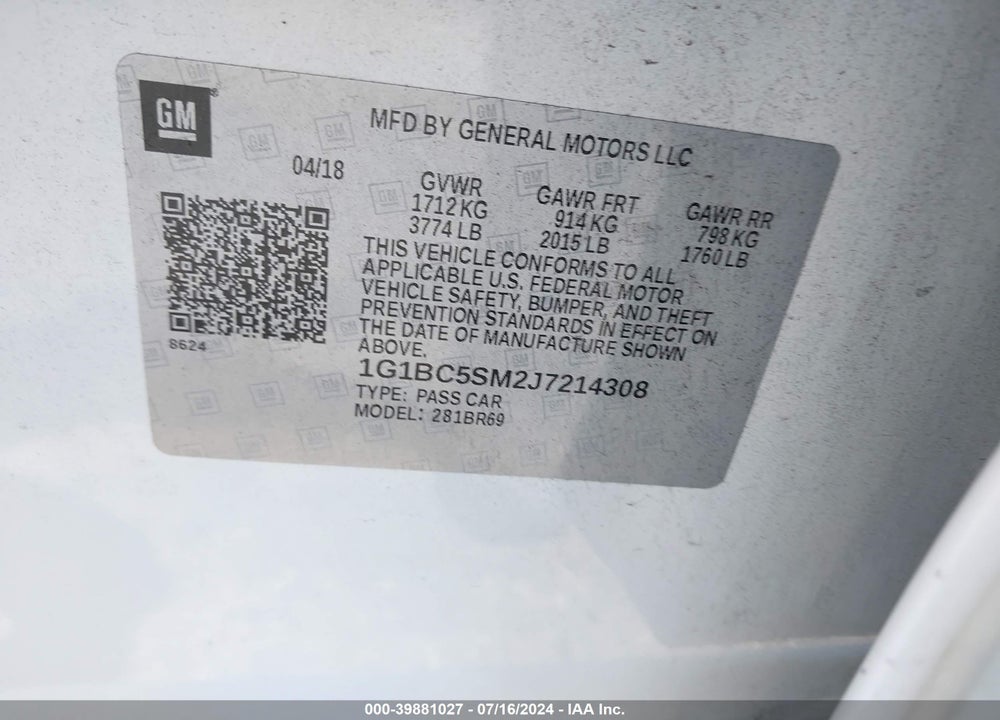 2018 CHEVROLET CRUZE LS AUTO VIN: 1G1BC5SM2J7214308