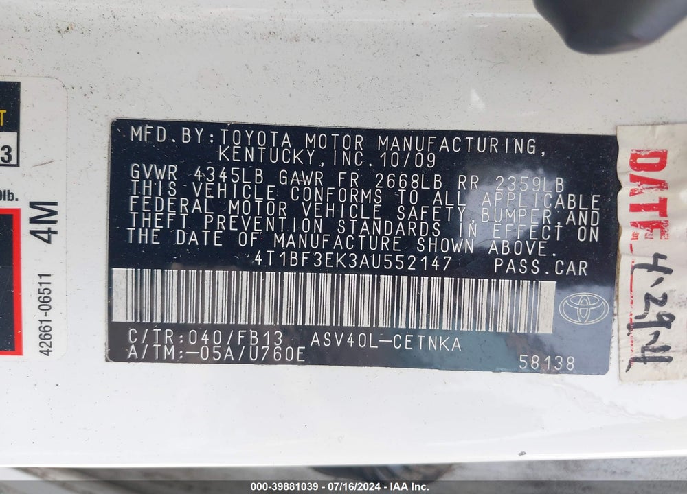 2010 TOYOTA CAMRY VIN: 4T1BF3EK3AU552147