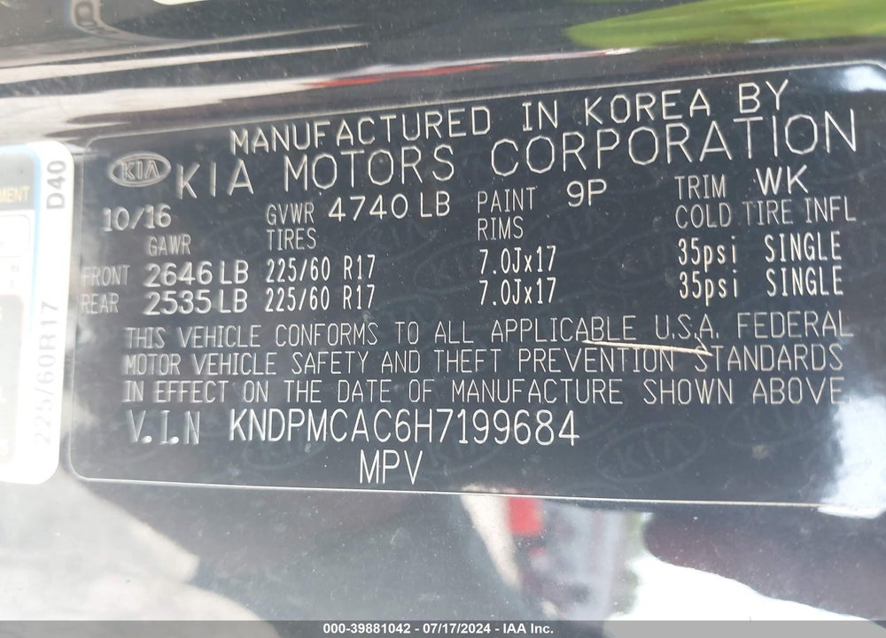 2017 KIA SPORTAGE LX VIN: KNDPMCAC6H7199684
