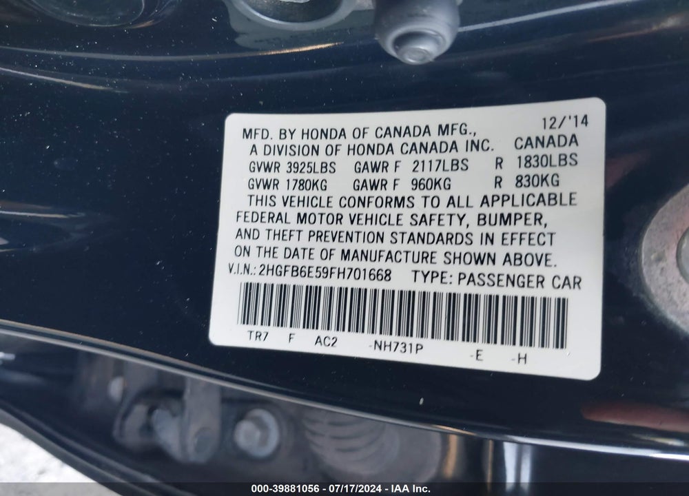 2015 HONDA CIVIC SI VIN: 2HGFB6E59FH701668