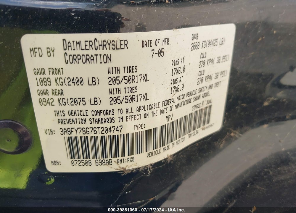2006 CHRYSLER PT CRUISER GT VIN: 3A8FY78G76T204747