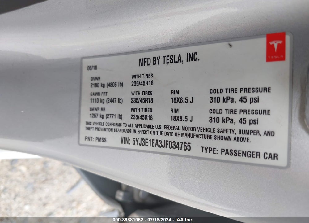 2018 TESLA MODEL 3 VIN: 5YJ3E1EA3JF034765