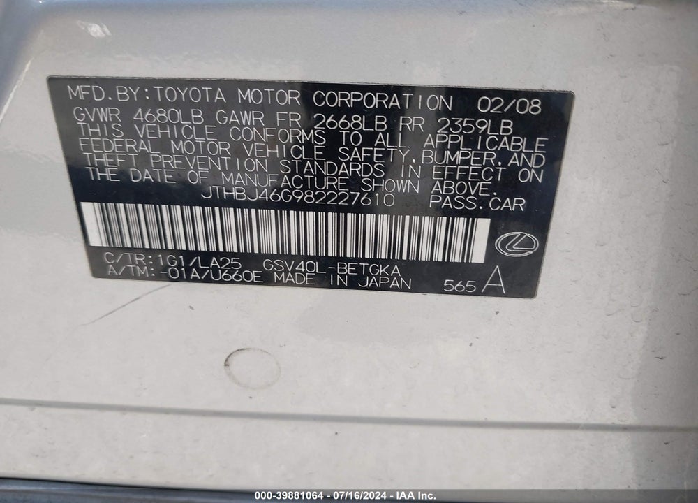 2008 LEXUS ES 350 VIN: JTHBJ46G982227610