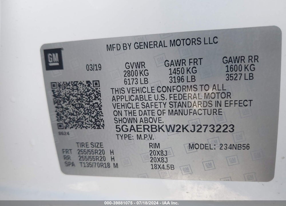 2019 BUICK ENCLAVE FWD ESSENCE VIN: 5GAERBKW2KJ273223