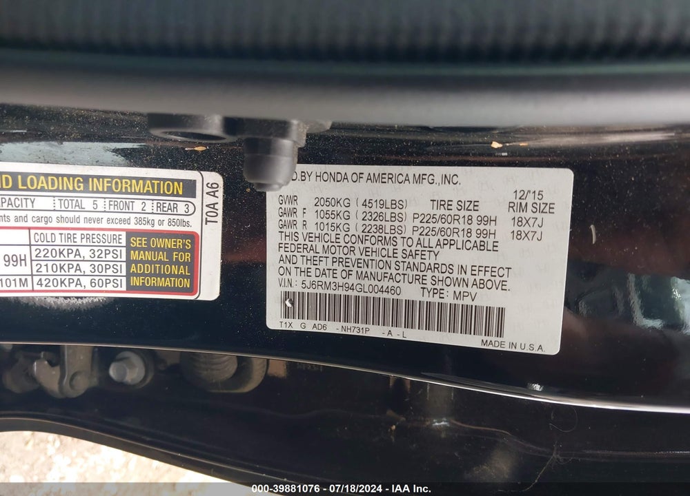 2016 HONDA CR-V TOURING VIN: 5J6RM3H94GL004460