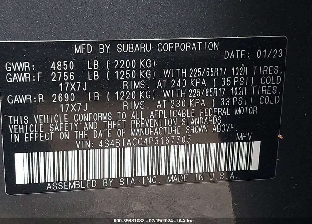 2023 SUBARU OUTBACK PREMIUM VIN: 4S4BTACC4P3167705