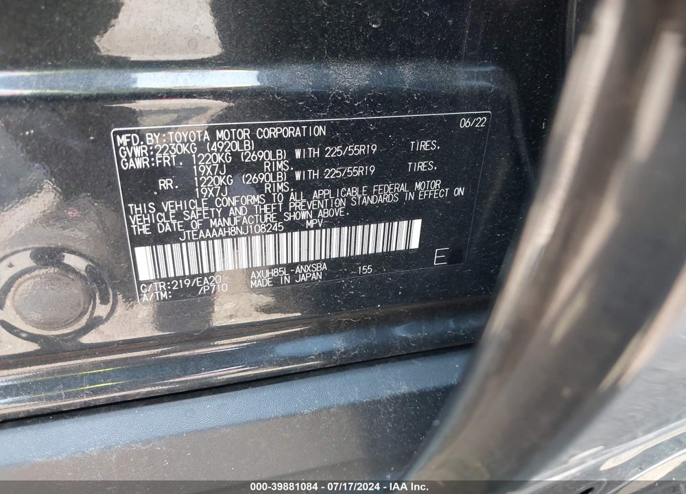 2022 TOYOTA VENZA LIMITED VIN: JTEAAAAH8NJ108245