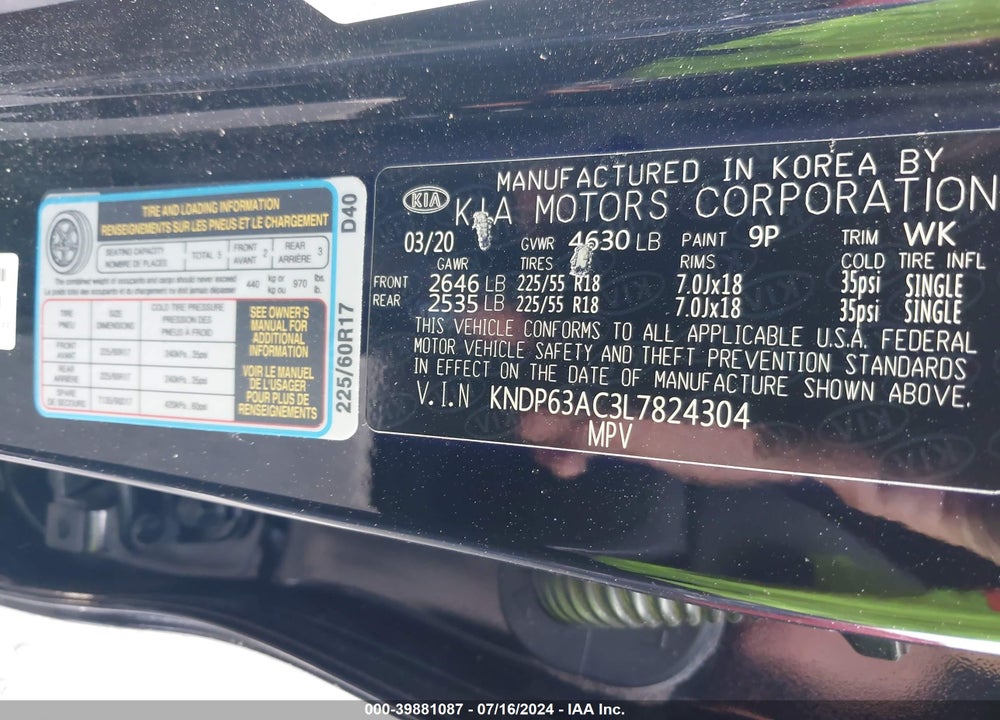 2020 KIA SPORTAGE S VIN: KNDP63AC3L7824304