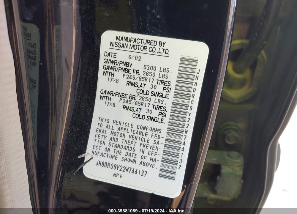 2002 NISSAN PATHFINDER LE VIN: JN8DR09Y22W744137
