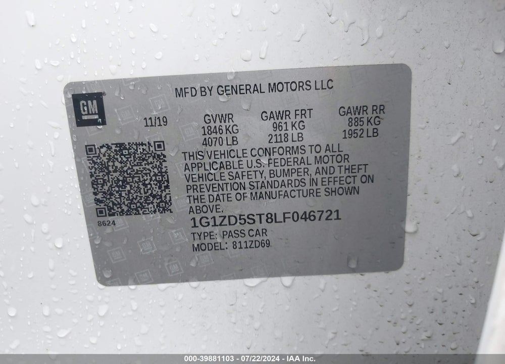 2020 CHEVROLET MALIBU FWD LT VIN: 1G1ZD5ST8LF046721