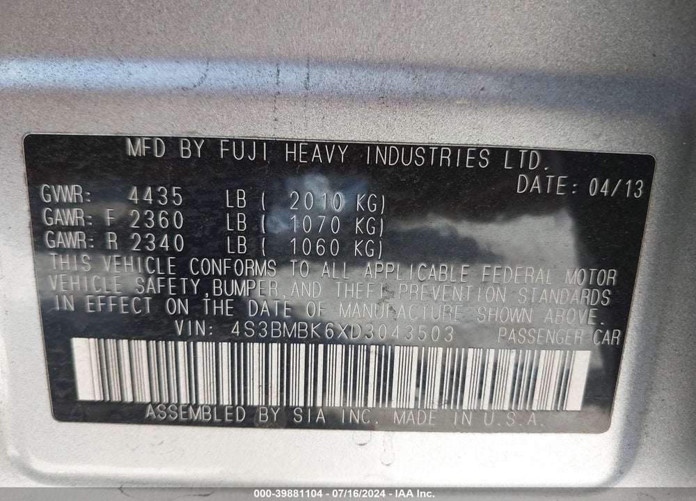 2013 SUBARU LEGACY 2.5I LIMITED VIN: 4S3BMBK6XD3043503