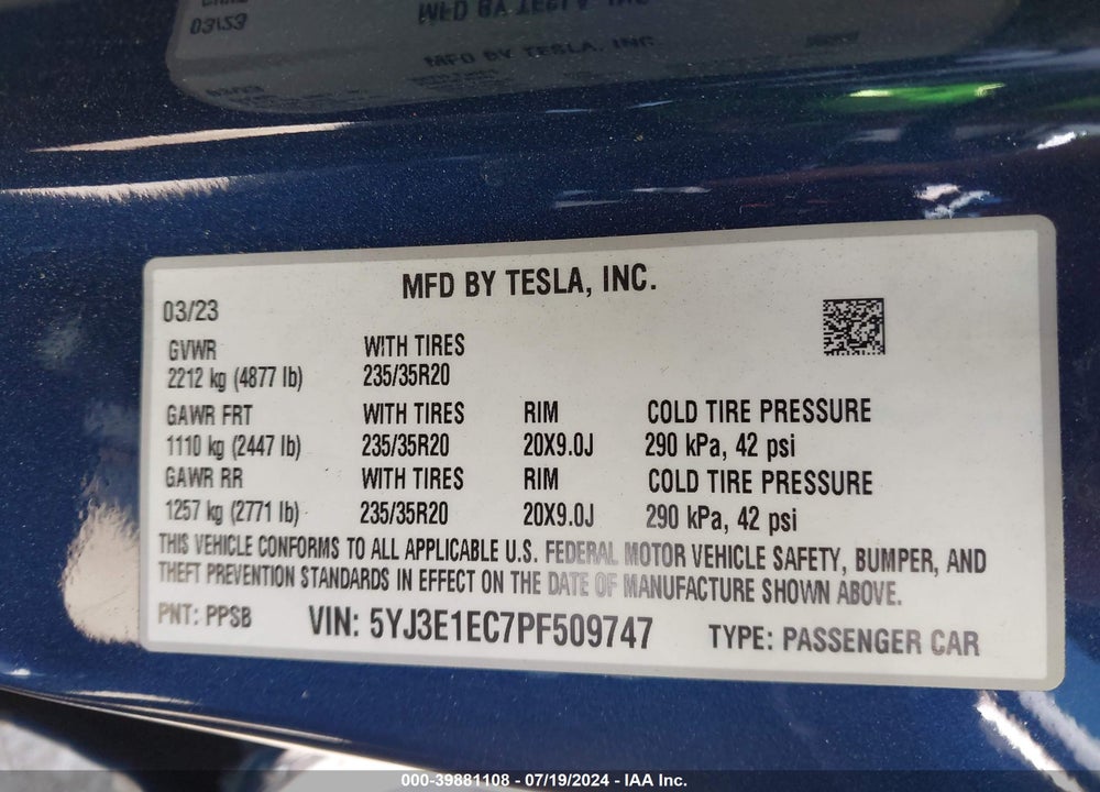 2023 TESLA MODEL 3 PERFORMANCE DUAL MOTOR ALL-WHEEL DRIVE VIN: 5YJ3E1EC7PF509747