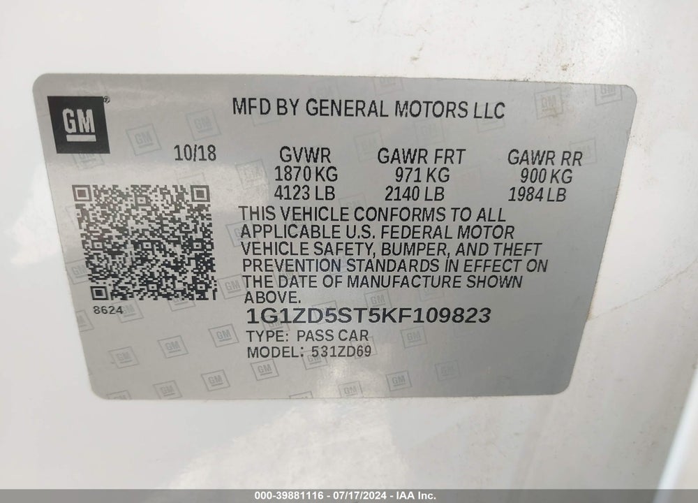 2019 CHEVROLET MALIBU LT VIN: 1G1ZD5ST5KF109823