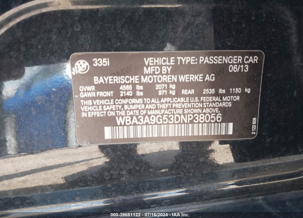 2013 BMW 335I VIN: WBA3A9G53DNP38056